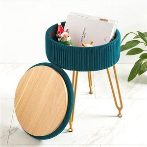 Velvet Storage Ottoman Foot Rest,Upholstered Pleated Round Footrest Vanity Stool